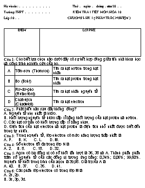Đề kiểm tra 1 tiết Chương I môn Hóa học Lớp 10 (Phần trắc nghiệm)